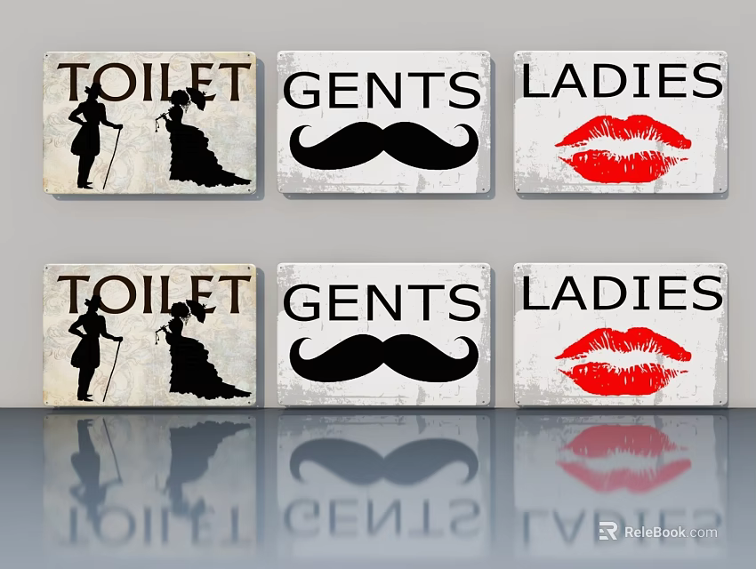 Vintage Swing Door Toilet Signs With Gents Ladies Silhouette Designs 3d model 