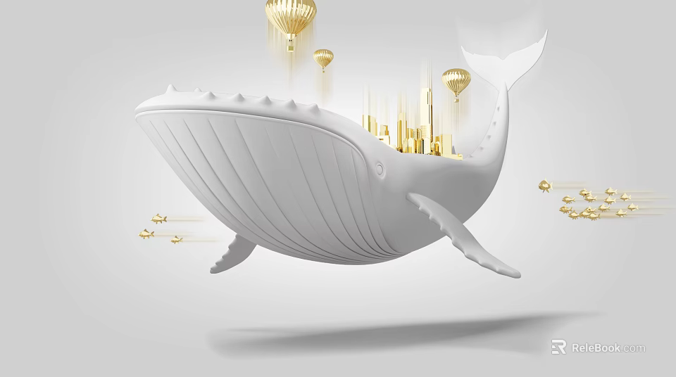 Cartoon White Whale Flying With Golden City Buildings And Hot Air Balloons 3d model 