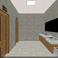 Modern Spacious Public Toilet Interior With Marble Tiles Wooden Doors And Multiple Wash Basins