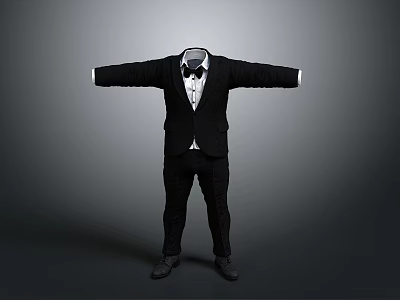 Black Formal Suit With Bow Tie Trousers And Leather Shoes On Mannequin 3d model
