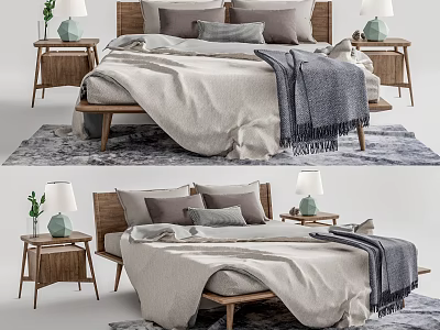 Modern Double Bed with Wooden Frame Soft Blankets Nightstands Table Lamps Potted Plants on Rug 3d model