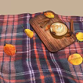 Latte Coffee On Wooden Tray Over Plaid Blanket Surrounded By Autumn Leaves And Cinnamon Sticks