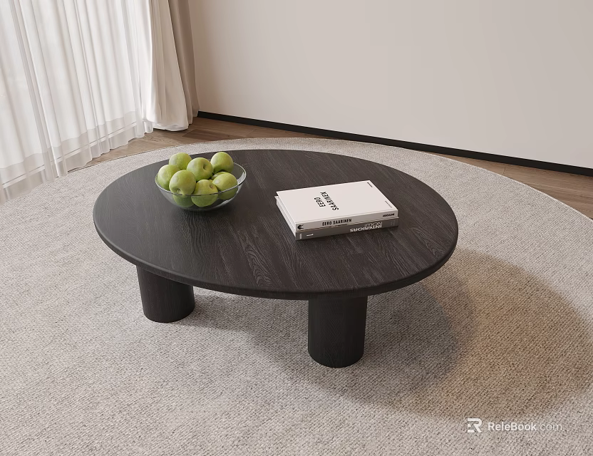 Round Black Wooden Coffee Table With Green Apples Bowl and White Book On Gray Rug 3d model 