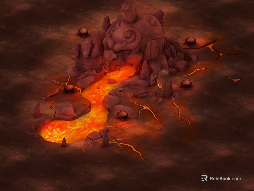 Volcanic Landscape With Glowing Lava Flow And Rock Formations Around Crater 3d model 