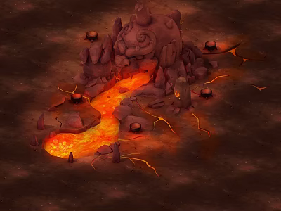 Volcanic Landscape With Glowing Lava Flow And Rock Formations Around Crater 3d model