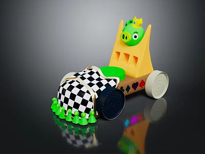 Fun Electric Toy Car With Green Pig Figure Yellow Seat And Checkered Wheels 3d model
