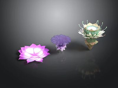 Colorful Decorative Lotus Flowers in Pink Purple and Green on Dark Background 3d model