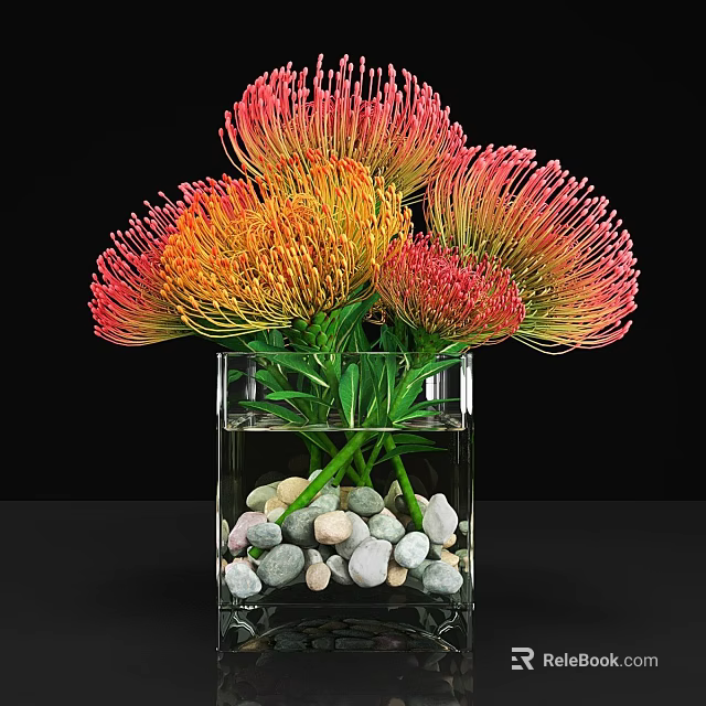 Clear Square Glass Vase With Vibrant Orange And Pink Flowers And Decorative Pebbles 3d model 