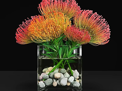 Clear Square Glass Vase With Vibrant Orange And Pink Flowers And Decorative Pebbles 3d model