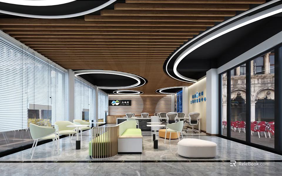 Modern Public Office Space With Open Layout Wooden Ceiling Circular Lighting And Comfortable Seating 3d model