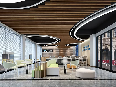 Modern Public Office Space With Open Layout Wooden Ceiling Circular Lighting And Comfortable Seating 3d model