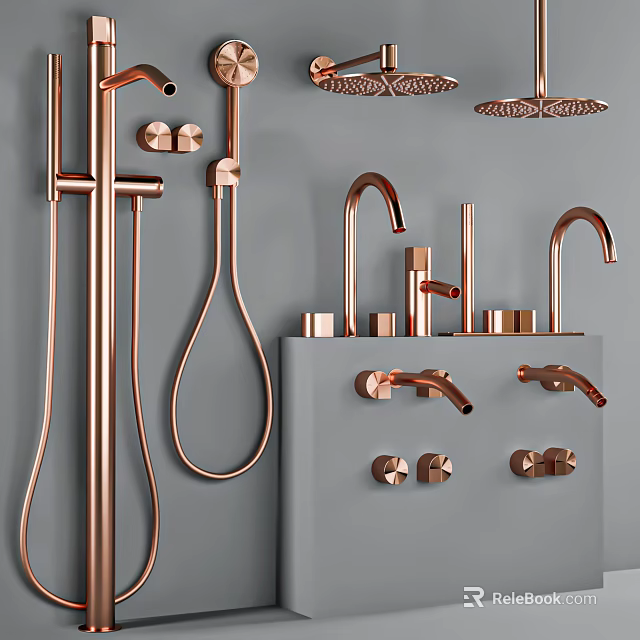 Modern Copper Bathroom Accessories Include Faucets Showerheads Handheld Shower And Knobs 3d model