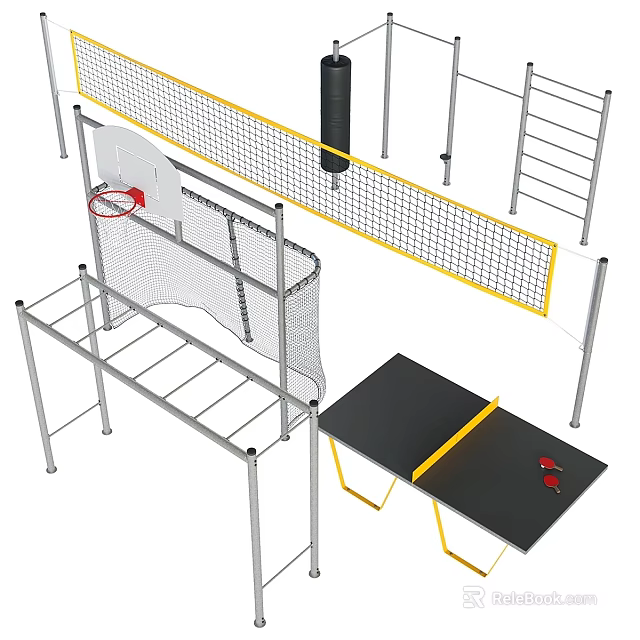Recreational Ground With Basketball Hoop Net Ladder And Ping Pong Table 3d model 