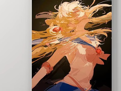Anime Girl Character Painting With Flowing Blonde Hair Sailor Uniform And Flower Accessory 3d model