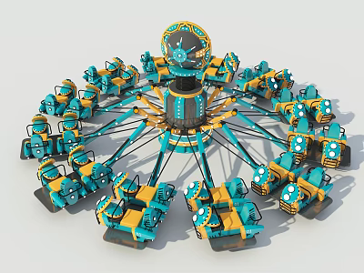 Colorful Rotating Amusement Ride With Blue And Yellow Seats For Children 3d model