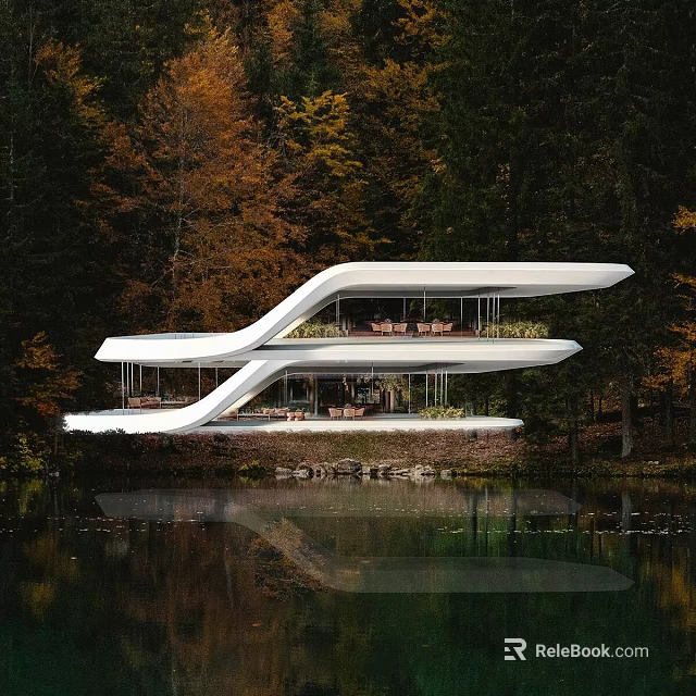 Modern Detached Villa with Glass Walls and Cantilevered Design by Lake in Autumn Woods 3d model 