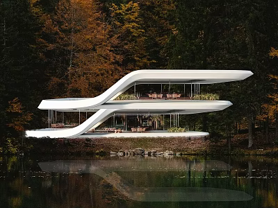 Modern Detached Villa with Glass Walls and Cantilevered Design by Lake in Autumn Woods 3d model