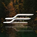 Modern Detached Villa with Glass Walls and Cantilevered Design by Lake in Autumn Woods