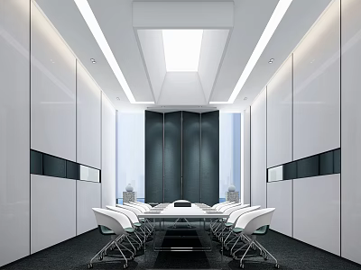 Modern Conference Room With White Walls Black Paneling Large Windows Long Table And White Chairs 3d model
