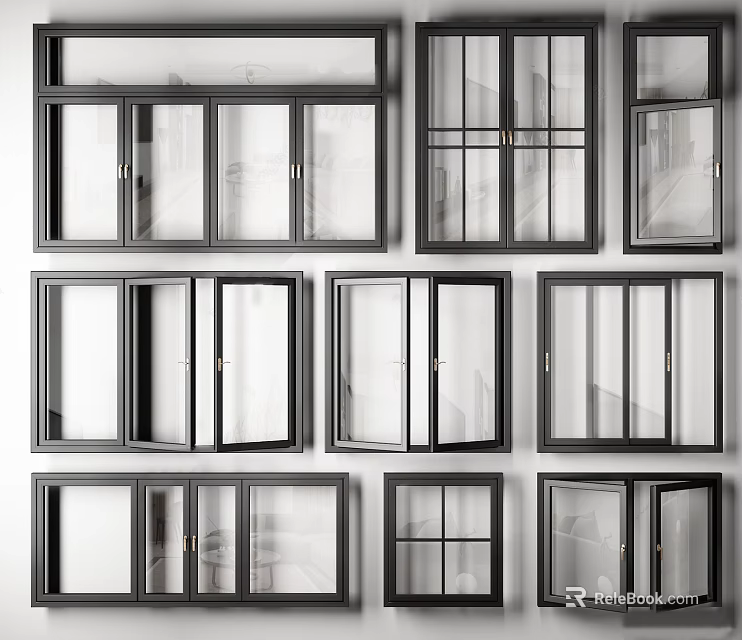 Different Modern Window Styles With Black Frames And Glass Panels 3d model 