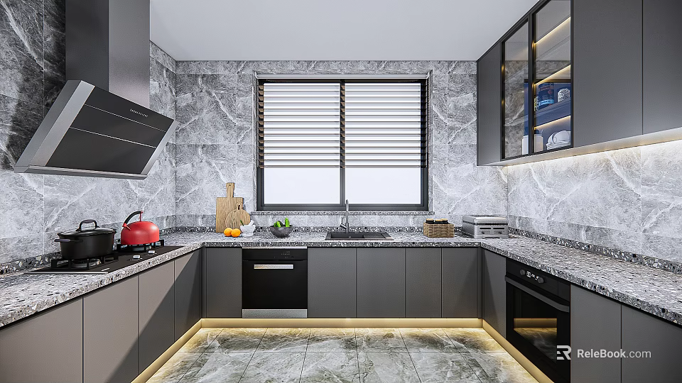 Modern Kitchen Interior With Marble Walls Gray Cabinets Blinds And Black Appliances 3d model 