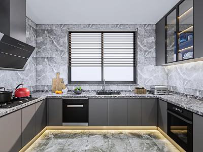Modern Kitchen Interior With Marble Walls Gray Cabinets Blinds And Black Appliances 3d model