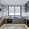 Modern Kitchen Interior With Marble Walls Gray Cabinets Blinds And Black Appliances