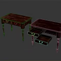Dark Red Wooden Tables Featuring Drawers Metal Handles And Open Drawer Design