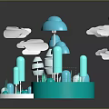 Modern 3D Scenic Model With Abstract Trees Floating Clouds And Circular Platform