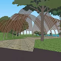 Tranquil Garden Landscape Featuring Stone Pathway Wooden Arched Structure and Lush Greenery