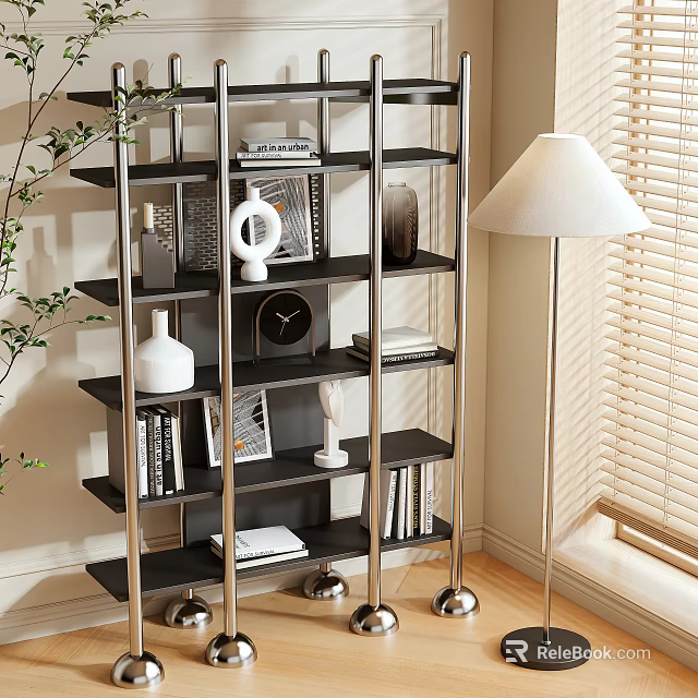 Modern Multi-tiered Metal Shelf Unit With Decorative Items Books And Wheeled Base In Living Room 3d model 