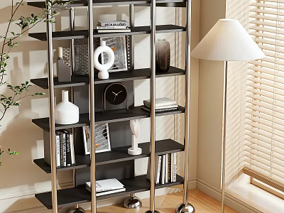 Modern Multi-tiered Metal Shelf Unit With Decorative Items Books And Wheeled Base In Living Room 3d model
