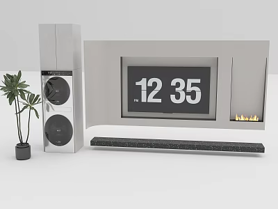 Modern TV Wall Design With TV Screen Speakers Soundbar Fireplace And Potted Plant 3d model