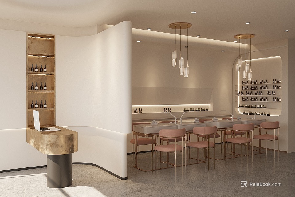 Elegant Beauty Hair Salon Interior Design With Modern Chairs Pendant Lights And Product Shelves 3d model 