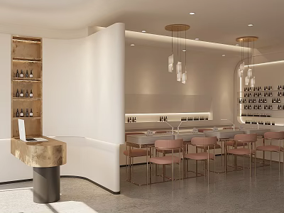 Elegant Beauty Hair Salon Interior Design With Modern Chairs Pendant Lights And Product Shelves 3d model