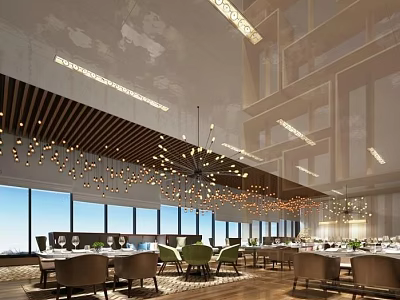 Modern Elegant Restaurant Interior with Floor to Ceiling Windows Chandeliers and Open Dining Space 3d model
