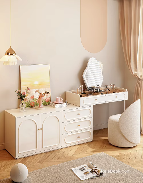 Elegant Modern Dressing Table With White Cabinet Drawers Mirror Cosmetics And Decorative Painting 3d model 