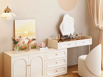 Elegant Modern Dressing Table With White Cabinet Drawers Mirror Cosmetics And Decorative Painting 3d model