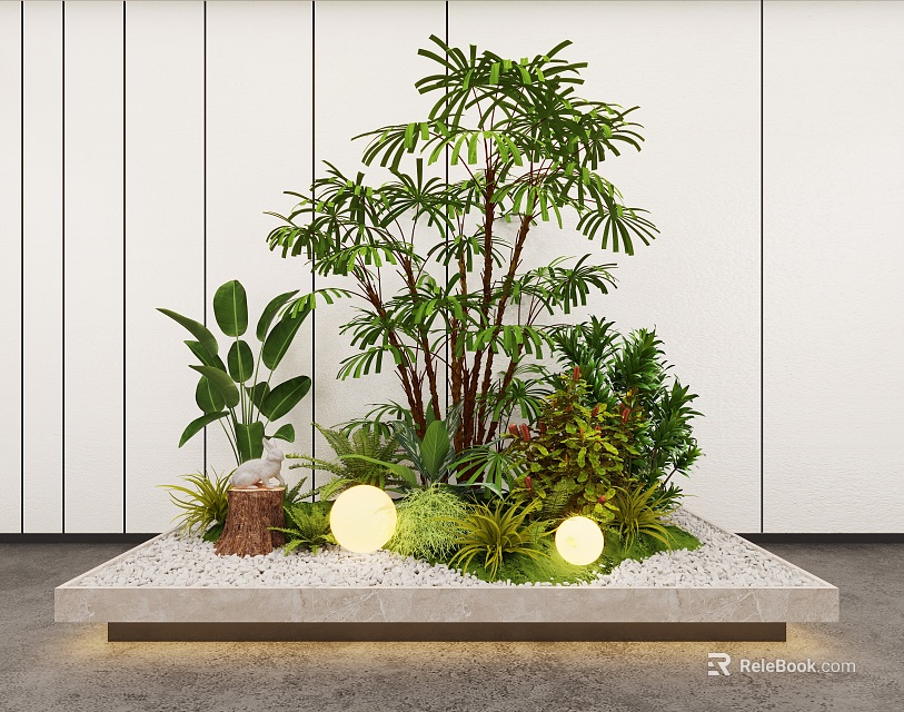 Garden Landscape With Tall Plants Broad Leaf Plants Small Shrubs Round Lights And White Pebbles 3d model 