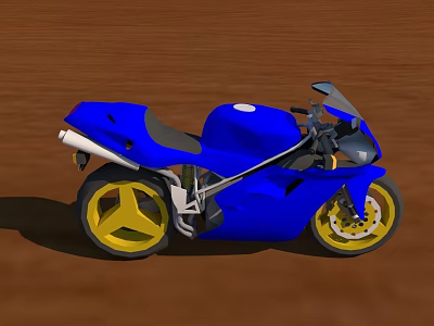 Blue Sport Motorcycle With Sleek Design And Yellow Wheels On Brown Ground 3d model
