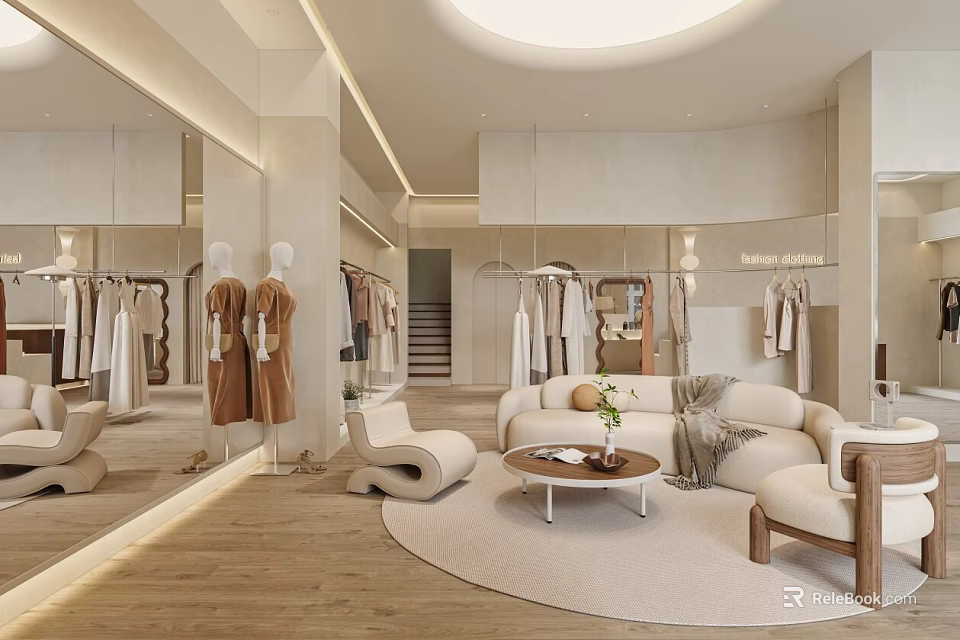 Elegant Modern Clothing Store Interior With Mannequins Apparel Displays Sofa And Mirrors 3d model 