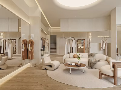 Elegant Modern Clothing Store Interior With Mannequins Apparel Displays Sofa And Mirrors 3d model