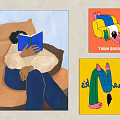 Colorful Wall Art Collection Featuring Person Reading Book And Cartoon Paintings