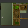 Whimsical Cartoon Room with Green Brick Wall Wooden Shelves Ladder and Mirror