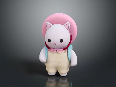 Cute White Cat Character Wearing Pink Hat And Blue Backpack With Overalls 3d model