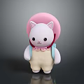 Cute White Cat Character Wearing Pink Hat And Blue Backpack With Overalls