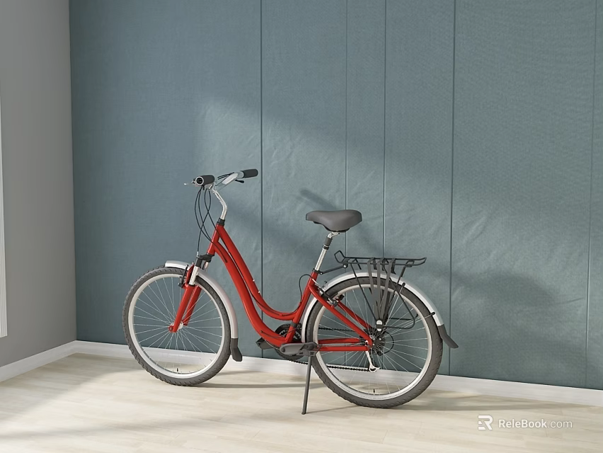 Red Bicycle Parked Against Blue Wall In Indoor Space With Light Wooden Floor 3d model 