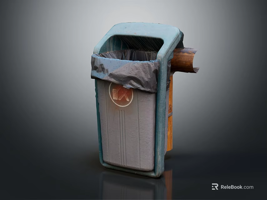 Blue And Gray Trash Can With Open Lid Trash Bag And Circular Logo 3d model 