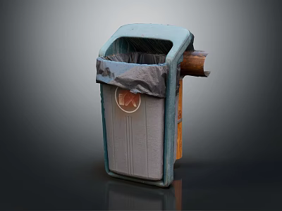 Blue And Gray Trash Can With Open Lid Trash Bag And Circular Logo 3d model