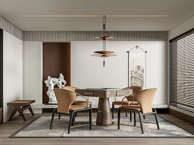 Hotel Mahjong Room Interior With Chinese Style Round Table Comfortable Chairs And Decorative Paintings 3d model